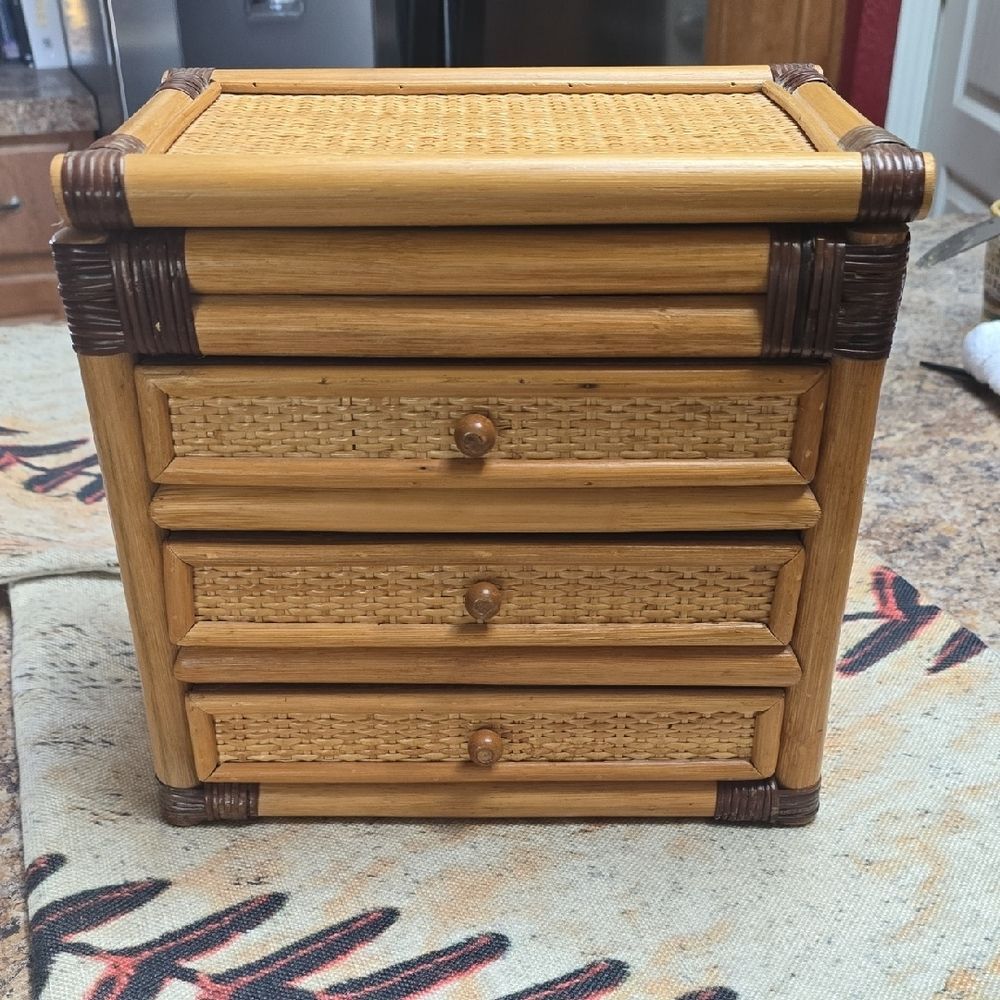 Vintage Bamboo Rattan Jewelry Box 3 Drawer Mirror | Boho Coastal Vanity